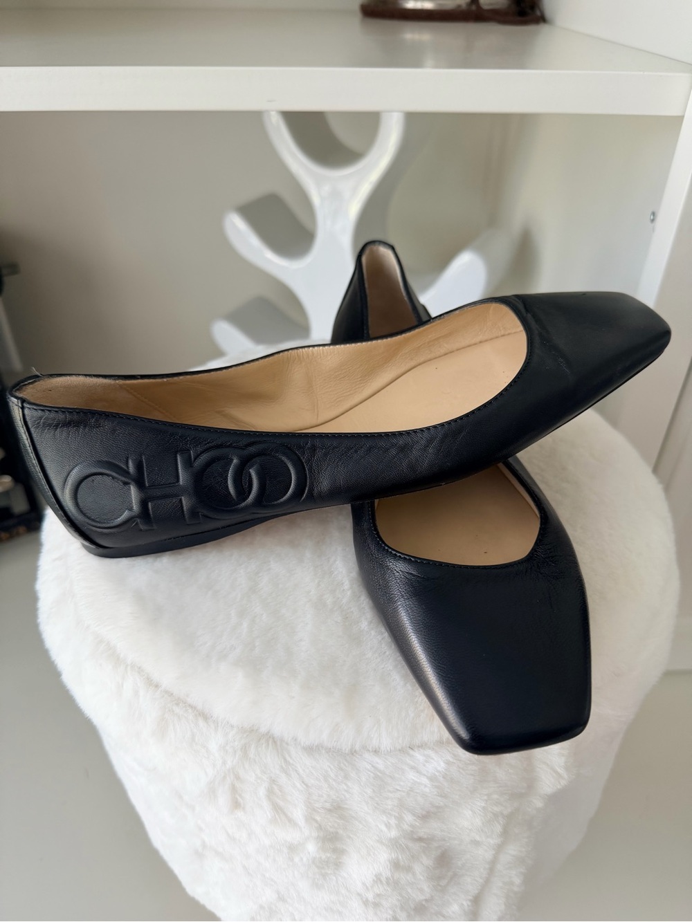 JIMMY CHOO Gwenevere Square Toe Leather Embossed Black Flats Women’s SZ 35 USA 5
